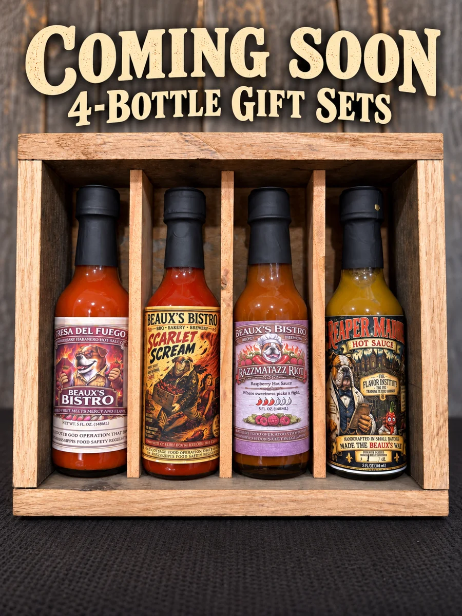 Coming soon: four Beaux’s Bistro hot sauces in a handmade wooden gift box